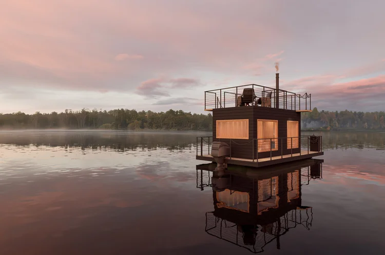 The Cedar Room floating sauna on Lake Minnetonka at sunset
